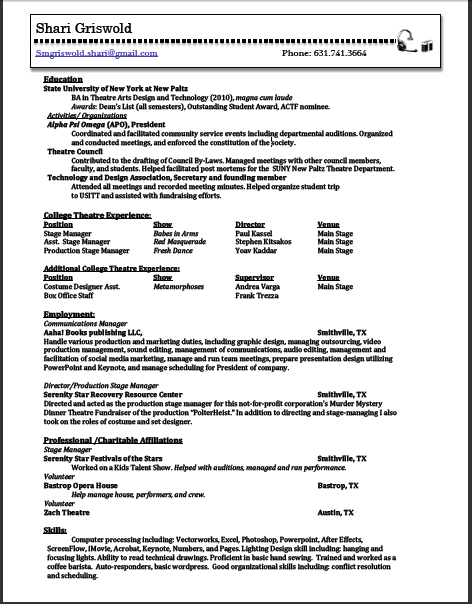 Theatre stage manager resume